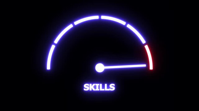 Dynamic neon skills gauge meter animation representing growth, career development, performance metrics, competency assessment, and success measurement in a modern digital business interface