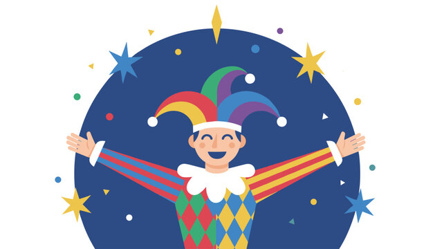 Happy carnival jester wearing colorful traditional harlequin costume and spreading joy at festive celebration.