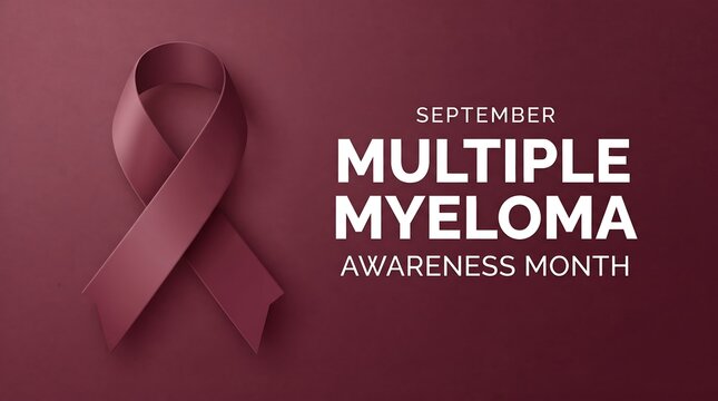 Burgundy ribbon representing multiple myeloma cancer awareness month displayed on a matching background with bold white typography for medical health support campaign