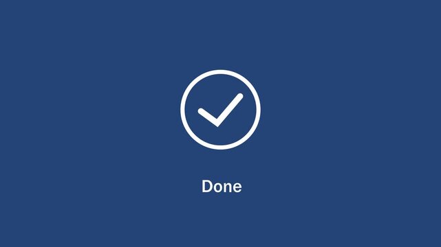 Minimalist animated checkmark transitioning from a loading spinner to a completed task status on a solid deep blue background, user interface digital progress, and success