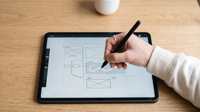 Designer hand sketching wireframe interface layout on modern digital tablet screen with black stylus pen tool