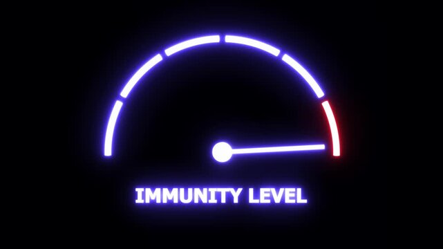 Dynamic neon immunity level gauge indicator animation with glowing blue and red progress meter for medical health analysis, biological defense monitoring, and digital science data visualization
