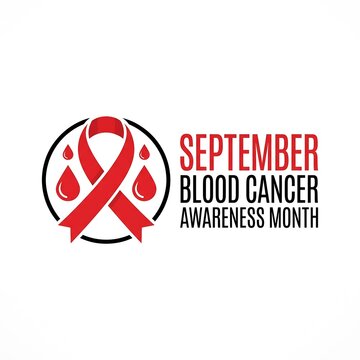 September blood cancer awareness month design with a red awareness ribbon icon and liquid droplets inside a circle on a white background