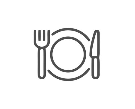 Line art icon of a dinner plate with a fork and knife silverware restaurant tableware hospitality breakfast nutrition appetite plateware implement catering reception hospital