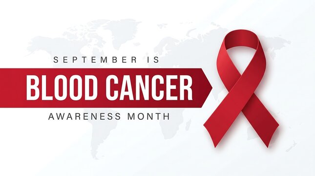 September is blood cancer awareness month concept graphic with a red ribbon symbol isolated on a light world map background design