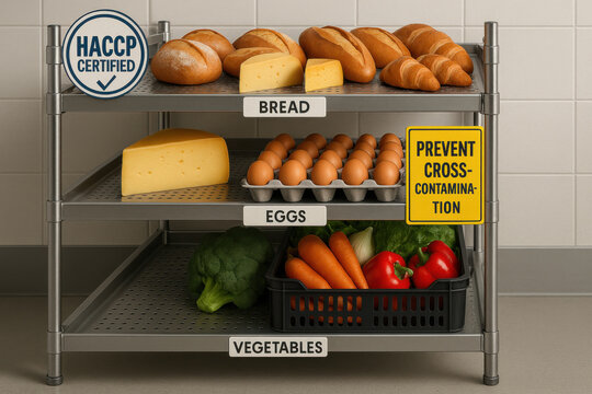 HACCP certified food storage rack with bread, cheese, eggs, and fresh vegetables organized to prevent cross contamination in commercial kitchen setting