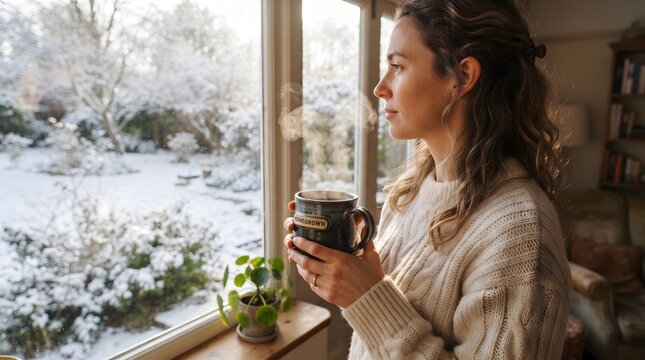 Cozy Woman Drinking Hot Coffee Looking at Snowy Window.