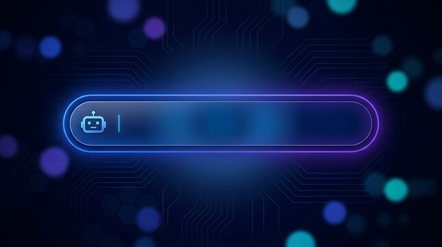 Futuristic blue interface with glowing robot head icon in search bar over dark circuit board background representing artificial intelligence and advanced machine learning software platform systems
