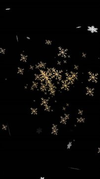 Animation of snow falling over glowing snowflakes on black background at christmas