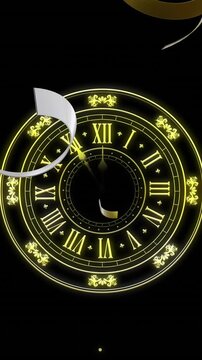 Animation of clock showing midnight and gold and silver balloons on black background