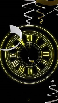 Animation of clock showing midnight and party streamers on black background