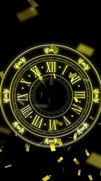 Animation of clock showing midnight and fireworks exploding on black background