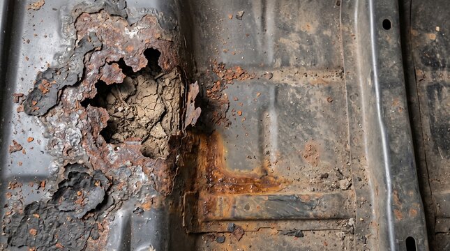 Rust corrosion on car chassis. Severe metal oxidation and structural damage to vehicle floor pan. Brown flaky rust holes in old automotive steel