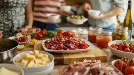 Obraz premium A bountiful spread of prepared foods like sliced meats cubed cheese fresh tomatoes olives and jars of sauce is laid out on a kitchen counter suggesting a social meal or gathering among friends