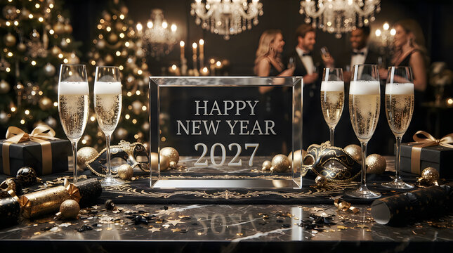 Happy new year 2027 sign on a luxury party table with champagne glasses and golden decorations