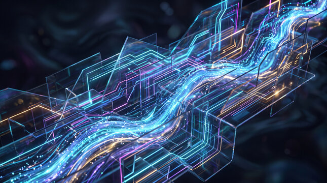 Abstract 3D visualization of layered glass shapes with glowing neon lines and dynamic fluid composition representing digital data flow, high-tech connectivity and modern network innovations