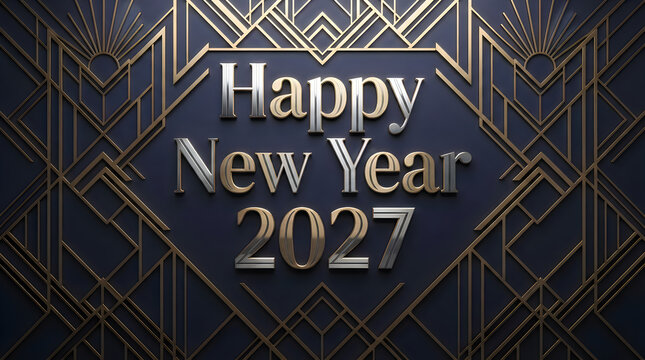 Happy new year 2027 greeting card design with elegant art deco geometric patterns in black and silver