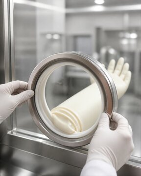 Technician inspecting glove port seal on laboratory isolator