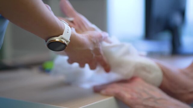 Closeup shows nurse unwrapping bandage from frail senior patient hand. Gentle medical professional supports vulnerable elderly man during healing process in clinic.