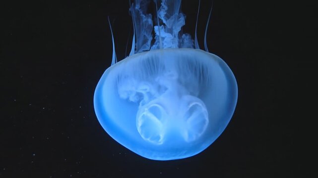 Bioluminescent glowing blue jellyfish floating in deep ocean darkness.