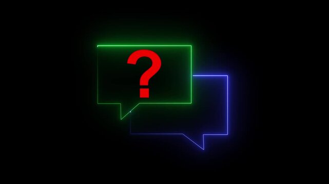 Interconnected neon speech bubbles with question marks in red and blue hues symbolize ongoing dialogue, differing perspectives, or complex communication challenges in a digital realm.