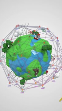 Network of connection icons against globe with growing trees and plane flying