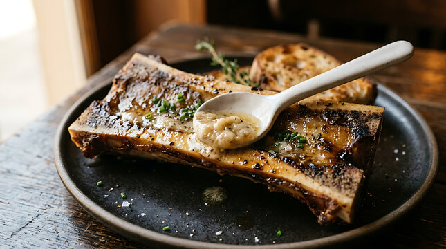 Roasted marrow bone served on a dark plate with herbs and toasted bread