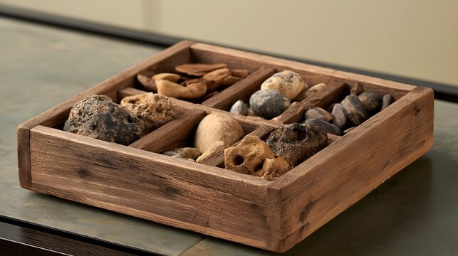 A wooden tray with compartments holds various natural stones and artifacts arranged for display on a textured surface