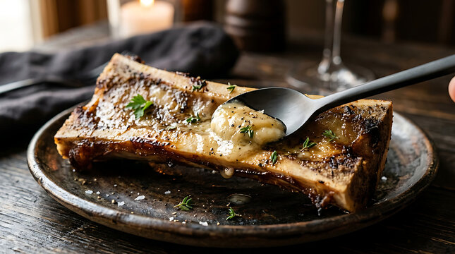 Close-up of roasted bone marrow served on a dark plate with a spoon