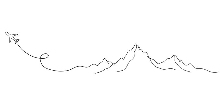 Minimalist line drawing of airplane journey over mountains