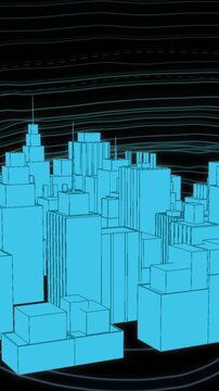 Spinning 3D city model against topography on black background