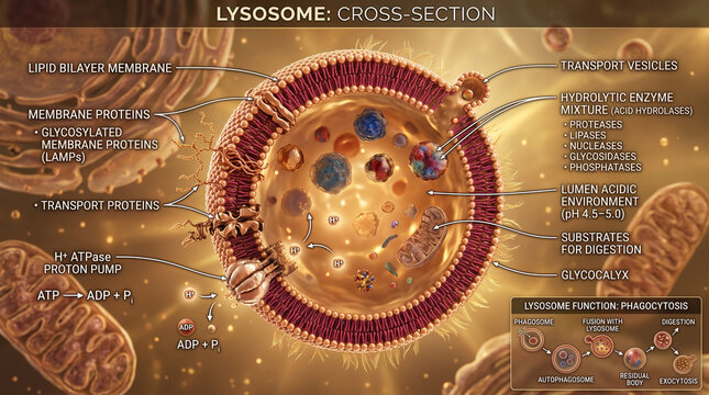 Detailed scientific illustration showing complex structure of lysosome organelle with labeled anatomy and cellular processes