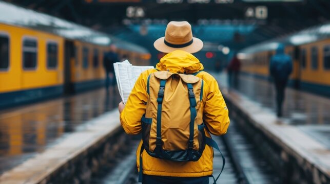 View from behind of a person wearing a yellow jacket hat and backpack holding a map on a train station platform with trains in the background