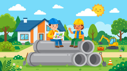 Naklejka premium Construction workers sitting on large concrete pipes at a building site with a house under construction in the background.
