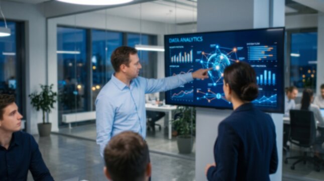 Professional business team pointing at interactive digital data analytics dashboard on wall screen in modern office during evening strategy meeting with city lights