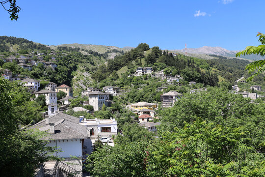 View of the historic old town of Gjirokastra, an Albanian city and a UNESCO World Heritage Site since 2005