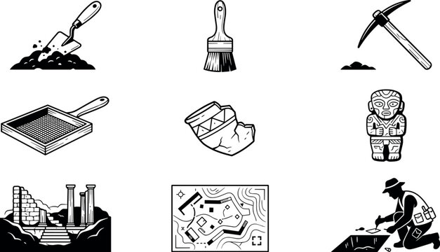 Archaeology dig site and historical exploration tool outline icon set vector illustrationArchaeology dig site and historical exploration tool outline icon set vector illustration