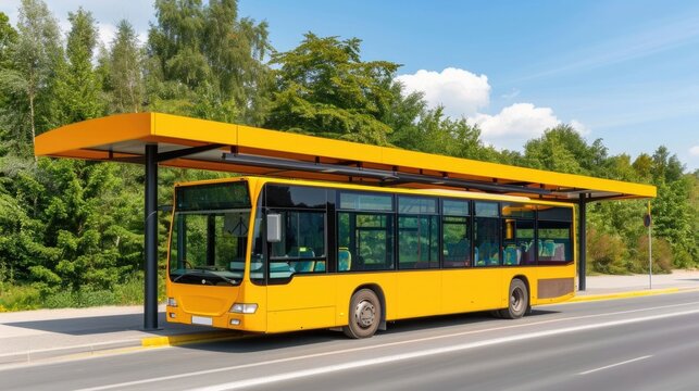 A vibrant yellow public transport bus is parked at a contemporary sunlit bus stop surrounded by greenery and clear blue skies