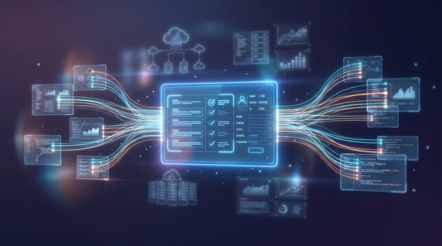 Abstract data visualization showing secure user verification interface with glowing network connections and digital identity dashboard elements for cybersecurity concept in 3D render