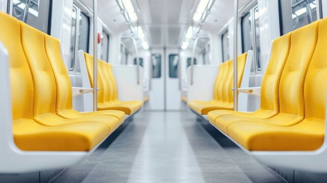 A view down the aisle of a contemporary clean and brightly lit metro train car  Empty vibrant yellow seats line both sides inviting passengers for a silent modern journey through the city