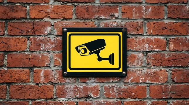 Black security camera sign mounted on rustic textured red brick wall providing warning about video surveillance monitoring for safety and crime prevention in urban environment near building entrance