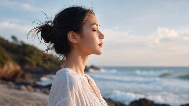Video of young woman stands peacefully beside the ocean in profile while enjoying fresh sea air