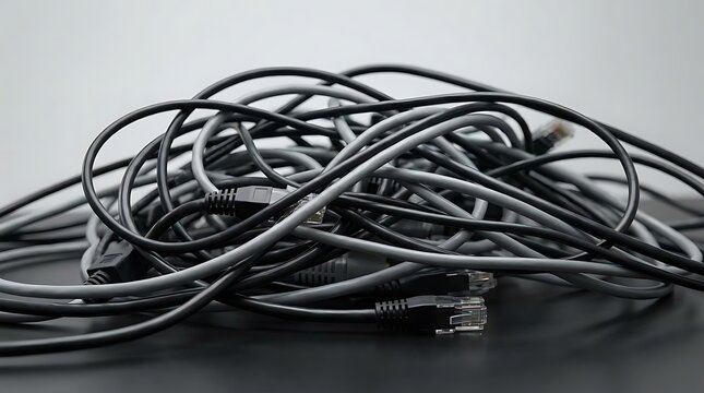 A tangled mess of ethernet cables illustrating a high betriebsrisiko due to technical disorganization and potential infrastructure failure in office