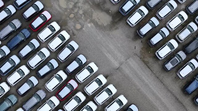 Rows of passenger cars fill an outdoor vehicle storage yard, with tightly organized parking lines and broad gravel lanes separating the inventory, static top-down drone shot.