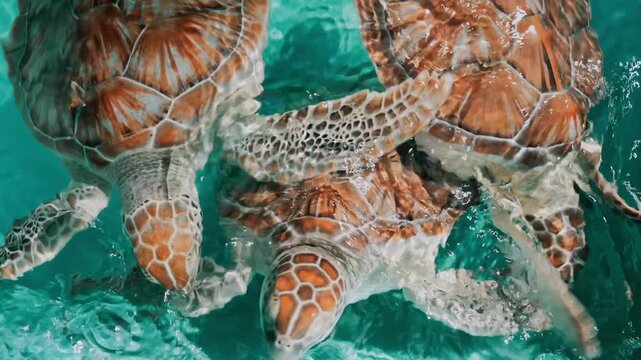 Young sea turtles swimming together in clear turquoise water up-close marine wildlife