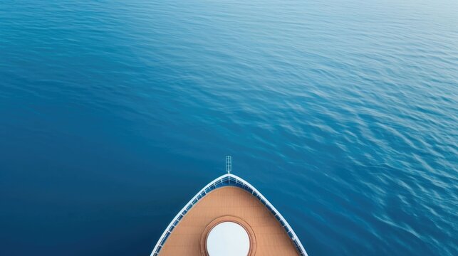 From an overhead perspective a ship s elegant bow cuts through the vast expanse of serene sapphire blue ocean water evoking a sense of peaceful travel and adventure