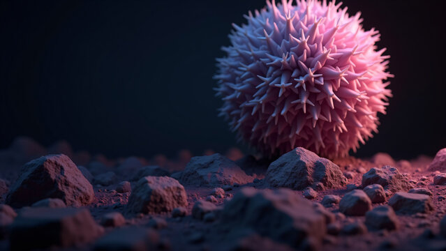 A strange spiked spherical organism sitting on a dark rocky alien planet surface with purple and blue lighting in a mysterious landscape