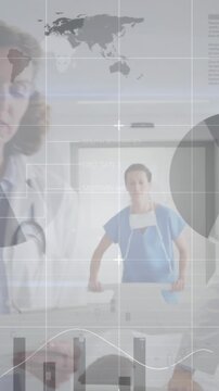 Statistical data processing against male and female doctor discussing at hospital