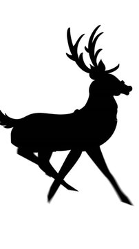 Digital animation of black silhouette of reindeer running against white background