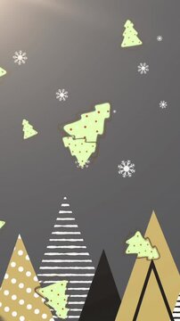 Animated Christmas trees and snowflakes celebrate holiday tradition on grey backdrop.